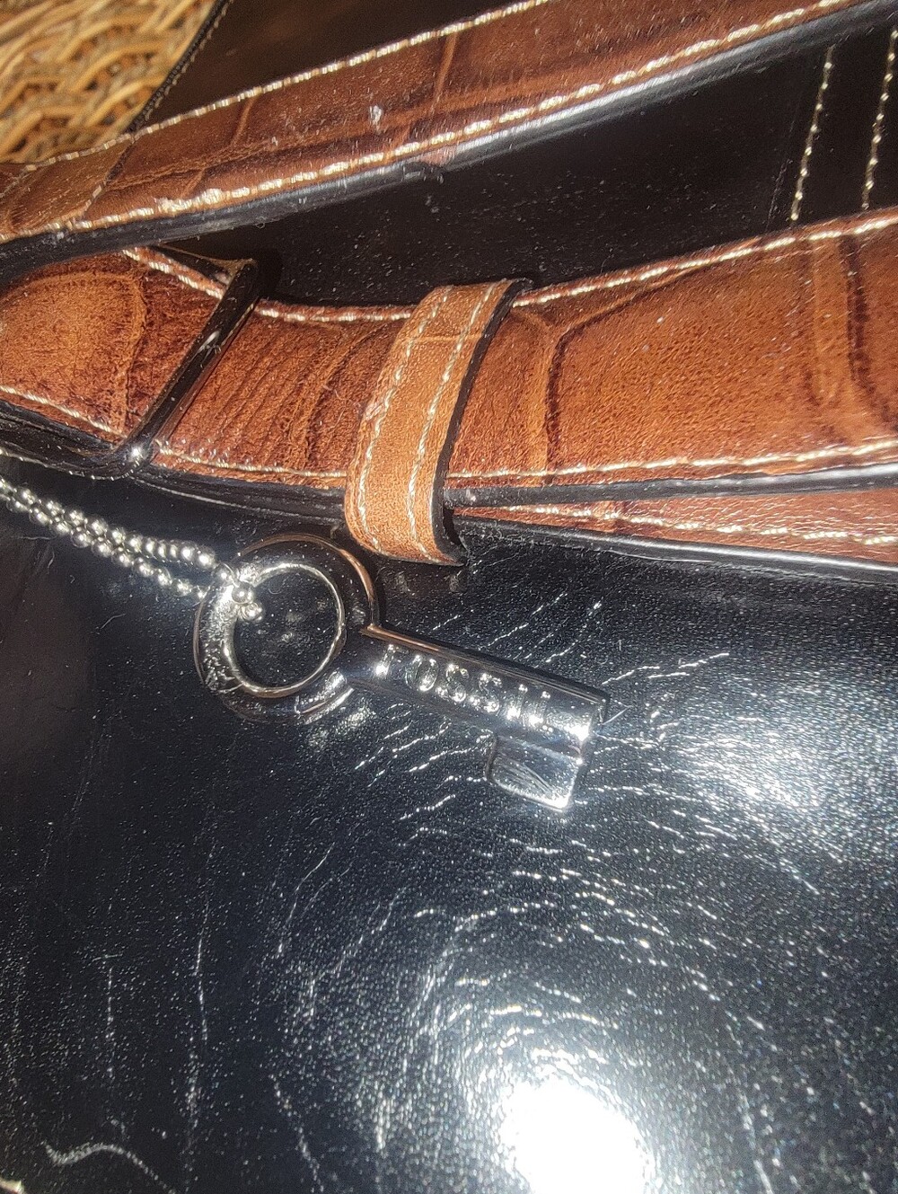 Fossil Black Brown Leather Handbag Computer Briefcase Croc Satchel W/ Key - Picture 7 of 10